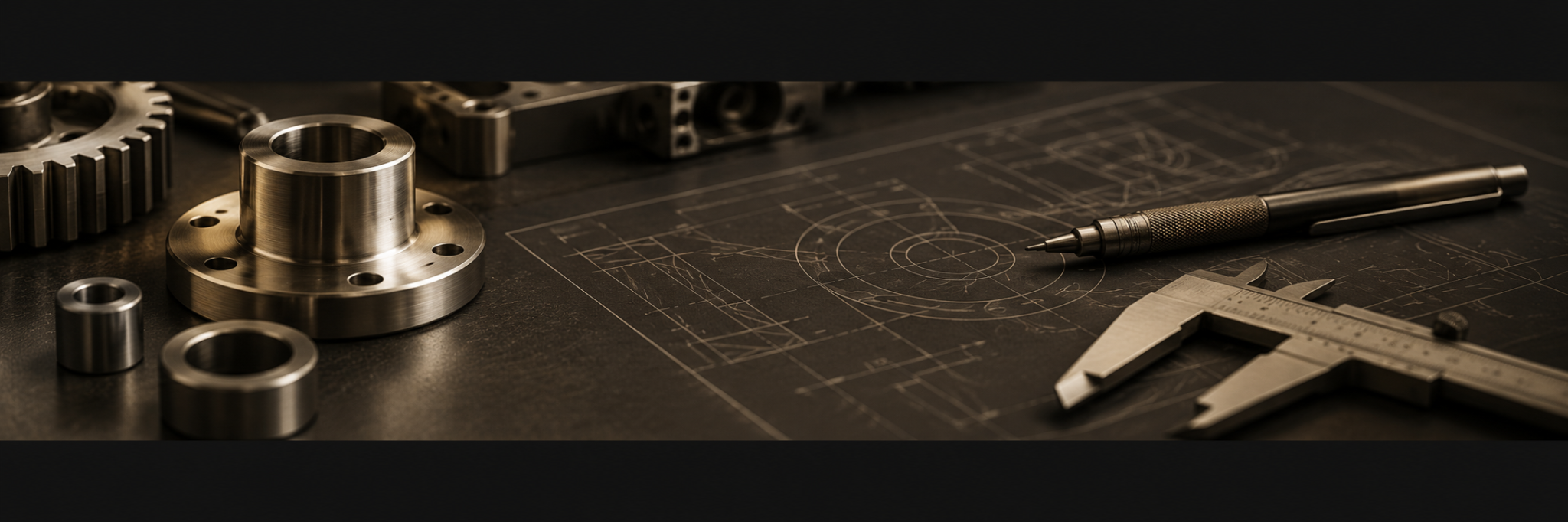 Precision engineering components, technical drawings, a pencil and vernier calipers